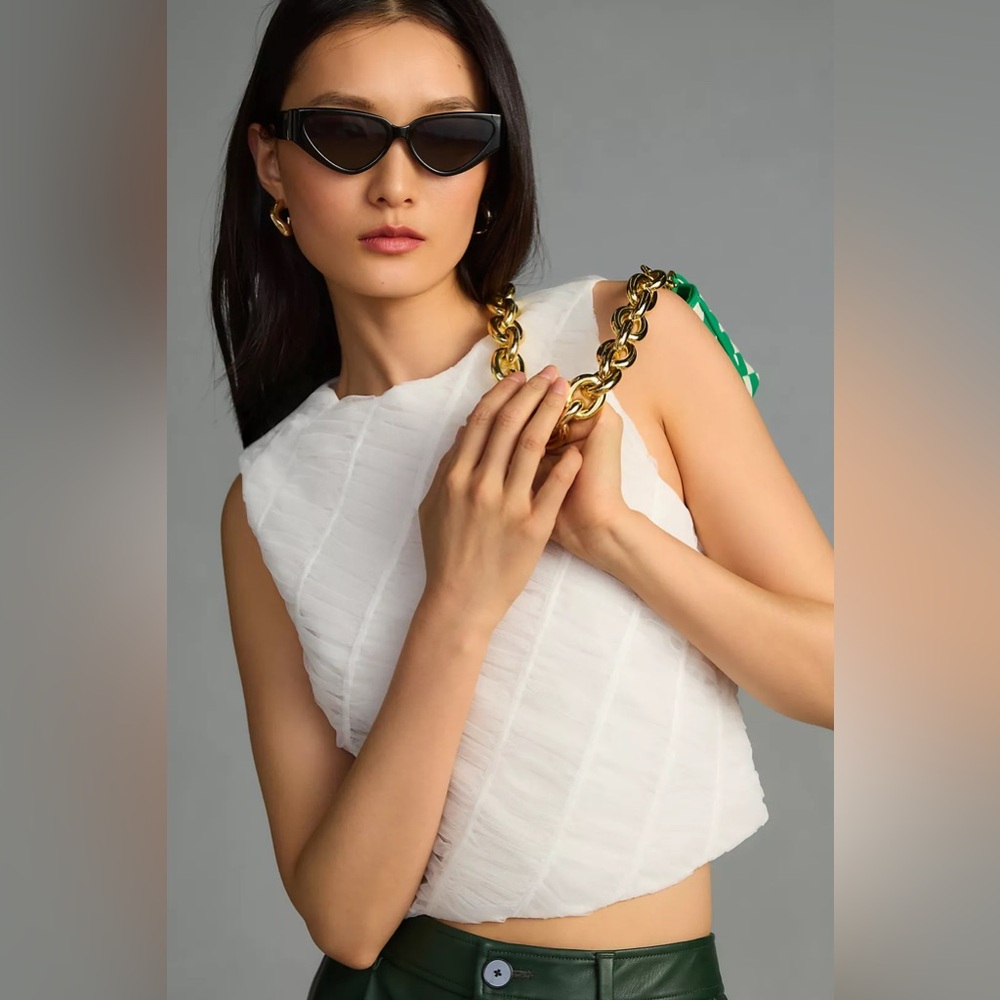 Sunday in Brooklyn White Sleeveless Textured Crop Top with Gold Chain Detail
